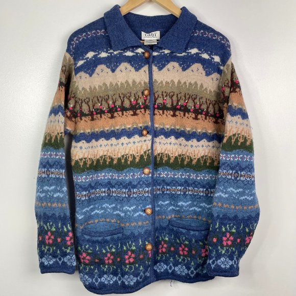 Vintage Sweaters - Vintage Tabi International 100% Pure New Wool Long Sleeve Knit Tree Cardigan M